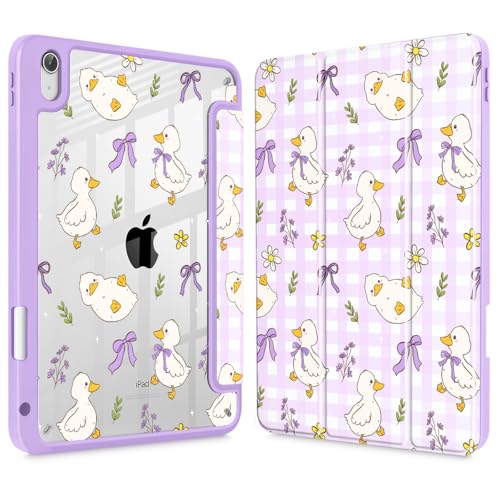 Étui iPad Air 13 M4 M3 M2 avec coque arrière transparente et porte-crayon canard violet