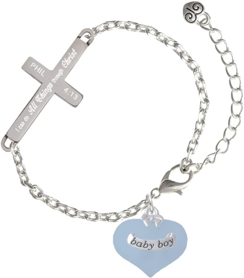 Delight Jewelry Heart with Baby Feet Philippians 4:13 I Can Do All Things Engraved Cross Charm Bracelet, 6.5+1.5" Extender