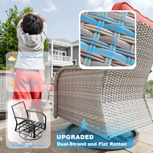 Image of 12-Piece Small Patio Furniture Set, Outdoor Swivel Rocking Chairs Set with 55,000 BTU Fire Pit Table Wicker Chairs and Ottomans, Patio Bistro Set for Balcony, Deck, Porch, Red