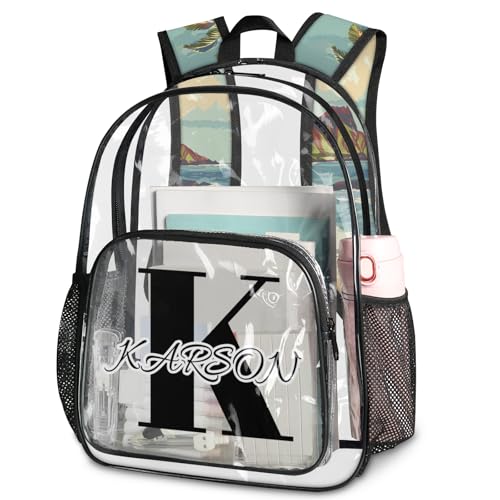 Personalized Small Clear Backpack Stadium Approved Heavy Duty PVC Plastic Custom Ocean Themed Transparent Backpacks See Through Bag with Name, Beach Theme