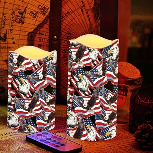 Image of Star Stripes Patriotic Electric Candle American Flag Bald Eagle Print Flameless LED Flickering with Timer Independence Day Patriotic Light for Fireplace Living Room Decor, 4 Pack