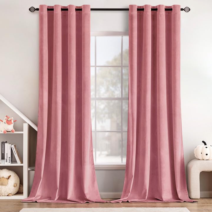 MIULEE Blush Pink Velvet Curtains Thermal Insulated Soundproof Room Darkening Blackout Curtains/Grommet Window Drapes for Home Theatre/Girls Room/Wedding Decor 52 x 84 Inches Set of 2