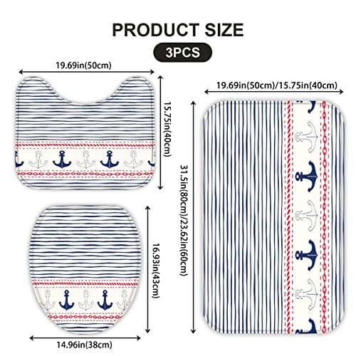 Badezimmerteppich-Set 3Teilig Anker rutschfest Waschbar Badematte Badezimmer Weich Mikrofasern WC-Deckelbezug Blaue… – Bild 3