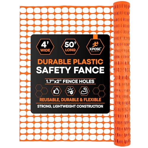 Xpose Safety Plastic Mesh Safety Fence Heavy Duty Orange Temporary Garden Fence & Snow Fence 4 x 50 Reusable Barrier Netting for Animal Control Deer Dogs Construction