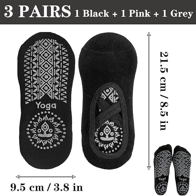 Women’s Non-Slip Grip Yoga Socks – Padded Cotton Pilates, Barre, Ballet, PiYo Floor Socks with Cross Strap Design (IN, Alpha, M, 1, BLACK) - Image 2 thumbnail