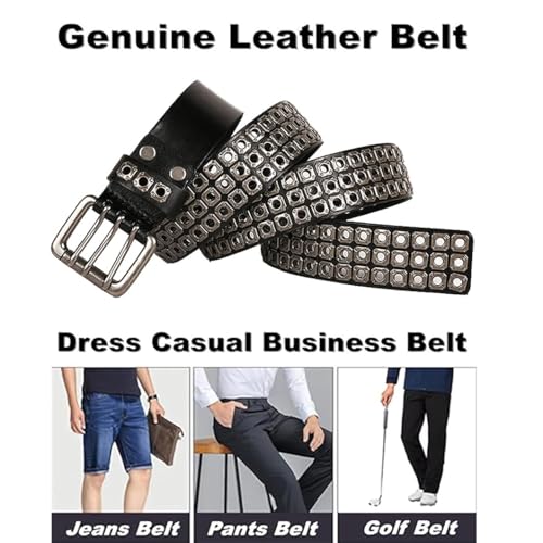 Three Row Grommet Genuine Leather Studded Belt with Punk Rock Rivets Strap 3-Hole Prong Buckle for Jeans,Pants,Dress4