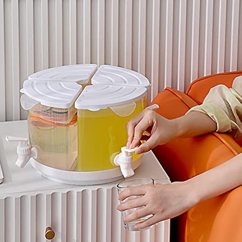 KWQBHW Beverage Dispenser with Spigot Rotate 360 Degrees Drink Dispenser for Parties 4 Compartment Refrigerator Ice Fruit Juice Lemonade Container, 1.5 Gallon Cover