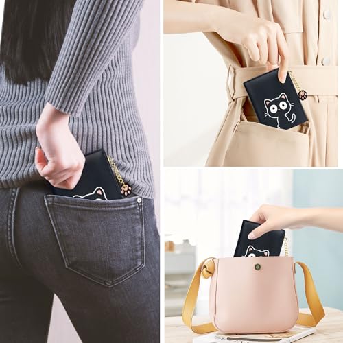CONISY Small Wallet for Women, Leather Bifold RFID Blocking Compact Cute Wallet with Zipper Coin Purse, Gift Ideas for Teen Girls Ladies (Cat Black)3