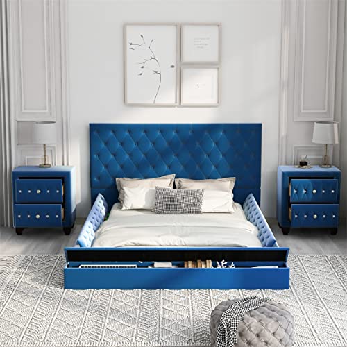 Triple Tree Full Velvet Upholstered Bed With Two Nightstands, Full Size Platform Bed Frame With Headboard And Footboard, Low Profile Full Storage Bed, Wood Slats Support No Box Spring Needed, Blue #TOP1