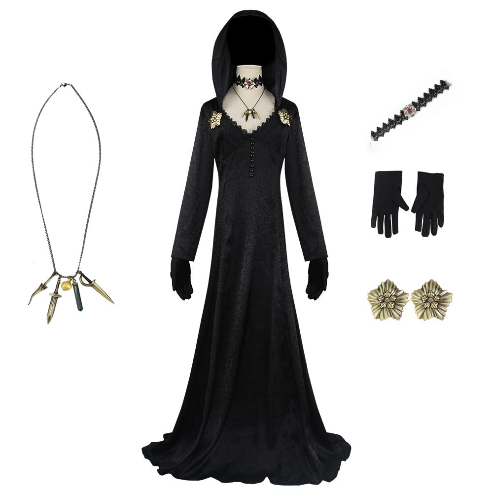 Cos-Animefly Women Medieval Black Hooded Dress with Accessories Set Steampunk Long Robe Gothic Halloween Costume