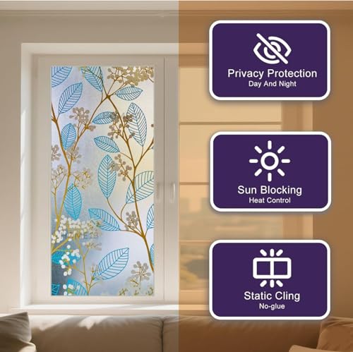 Image of HOME13 Window Privacy Film Frosted Glass Film Decorative Window Sticker Removable Window Film Home Office Privacy Film Window Coverings (Blue Leaves, 1 Feet by 8 Feet)