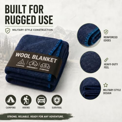 Image of Jmr Usa Inc. Military Wool Blanket for Camping and Everyday Use, Fire Retardant Extra Thick and Warm Outdoor Wool Blanket, Navy, 62x84