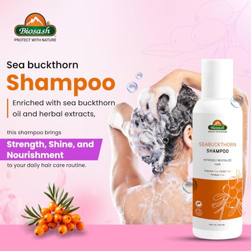 Image of Biosash Sea Buckthorn Shampoo 200ml | Sulphate, Paraben, SLES-Free, Hair Fall Control & Anti-Dandruff, Omega 3 6 7 9, Scalp Protection & Healthy Hair