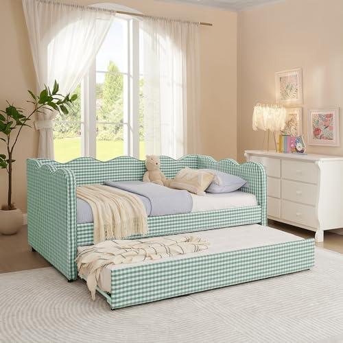 Yoglad Twin to King Size Daybed with Trundle, Plaid Linen Upholstered Day Bed Frame with USB Charging Port and Wave Backrest, Gingham Daybed for Bedroom, No Box Spring Needed(Cyan)