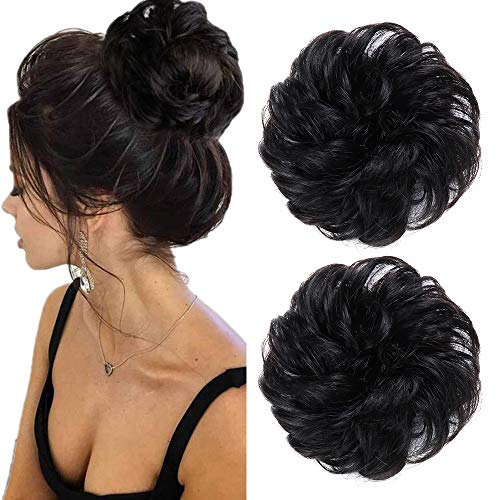 Fani 2PCS Messy Human Hair Bun Hair Scrunchies Extension Curly Wavy Messy Chignon for Women Extensions Updo Hairpieces (Color:1B)