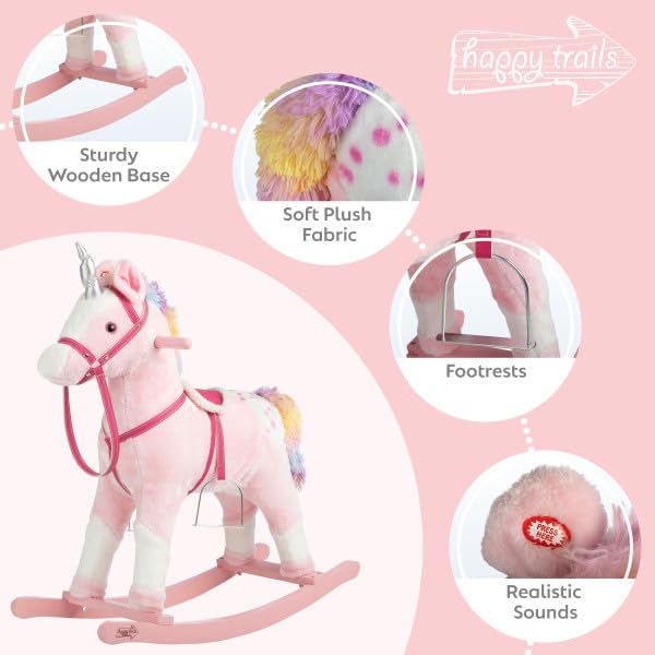 Plush Unicorn with Realistic Sounds Ride on Toys for Ages 3+ Wooden Rocking Horse Pink
