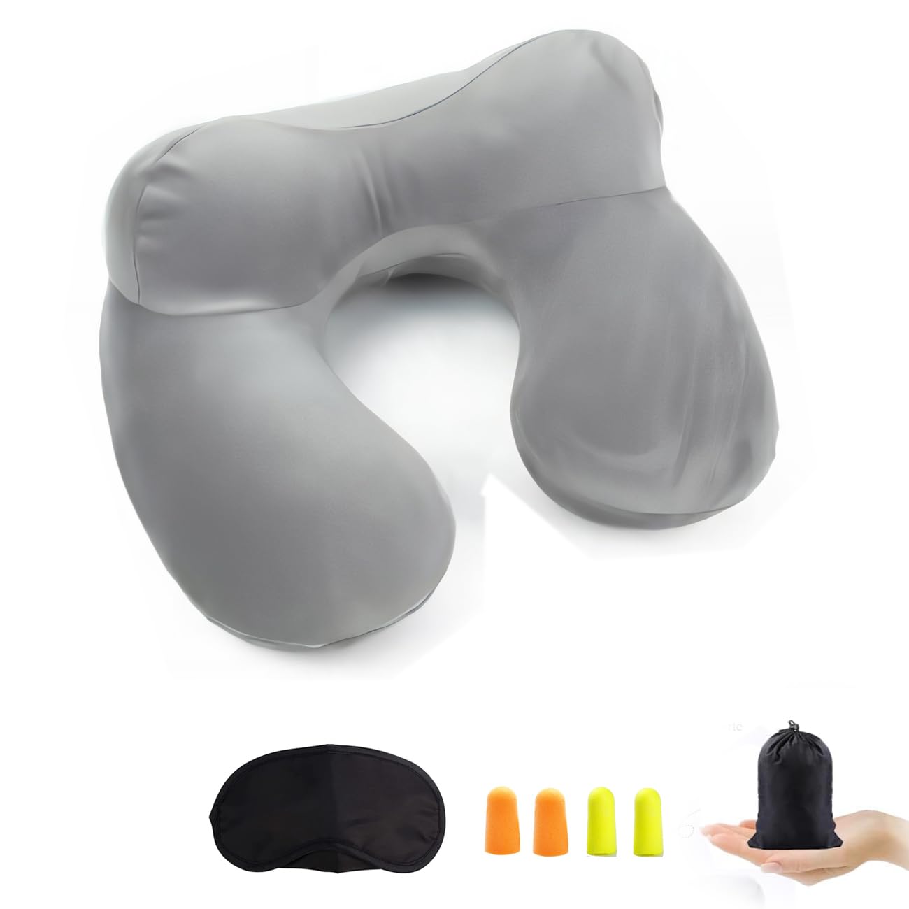 Constefire Almohada de Viaje, Cojín Inflable del Cuello de Viaje,Hecho de Terciopelo Suave con Tapones para los Oídos, Máscara de los Ojos y Bolsa de Transporte, para Viajar en avión, Tren, casa (Gris)