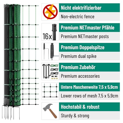 VOSS.farming farmNET-75 50m Hühnerzaun, Geflügelnetz, 112cm, 16 Pfähle, 2 Spitzen, grün, ohne Strom, Hühnernetz, Hundenetz, Katzennetz
