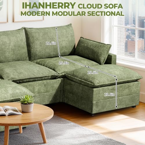 Image of LEVELEVE 112.5 inch U-Shape Modular Sofa with 2 Ottomans, Deep Seat Cloud Convertible Sleeper, 2 Arm Pillows, Comfortable Upholstered Furniture for Living Room Apartment, Green