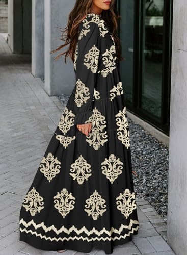 Image of BLENCOT Womens Casual Boho Floral Printed V Neck Long Sleeve Long Maxi Dress Spring Summer Dresses