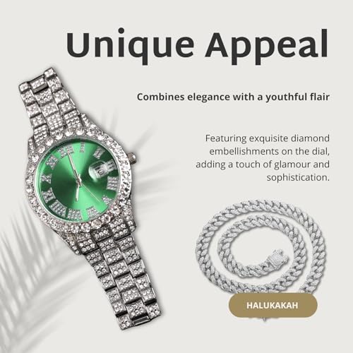 Image of Halukakah Diamonds Gold Watch Iced Out for Boy Teens Kids - 18K Real Gold /Platinum Plated,42mm Blue /Green /Red Dial,Japanese Quartz - 8 inch Length - Optional with Cuban Link Chain,with Watch Adjuster Tool