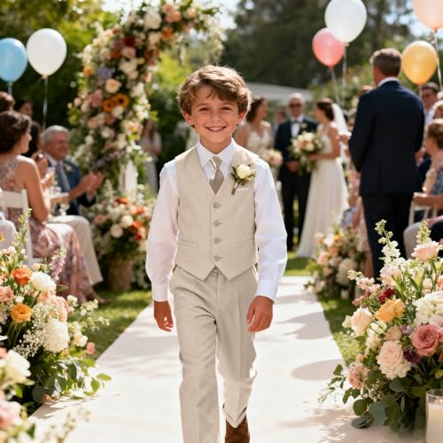 Image of Baby Boy Formal Suit for Toddler Infant Tuxedo Dress Suits | Little Gentleman, Wedding Ring Bearer Outfit, Vest Pants Long-Sleeve Shirt Tie, Birthday Party Christmas Prom, Classic