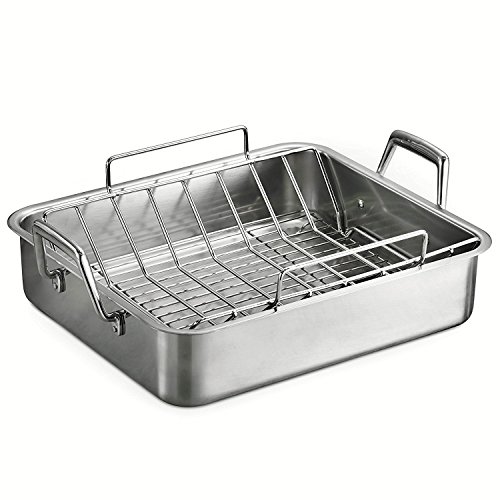 Tramontina 80203/006DS Gourmet Deep Rectangular Roasting Pan with Basting Grill and V-Rack, 16.5