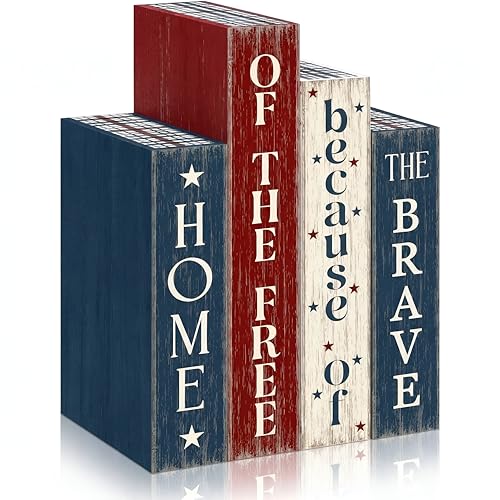 Xuhal 4 Pcs 4th of July Decorations, Americana Rustic Patriotic Wooden Books Memorial Day Decor Red White Blue Blocks Books for 250th Anniversary Farmhouse Home Table Tiered Tray Summer Tabletop Shelf
