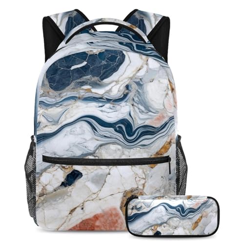 Sac à dos motif marbre 83 grand format avec cartable et trousse pour le lycée