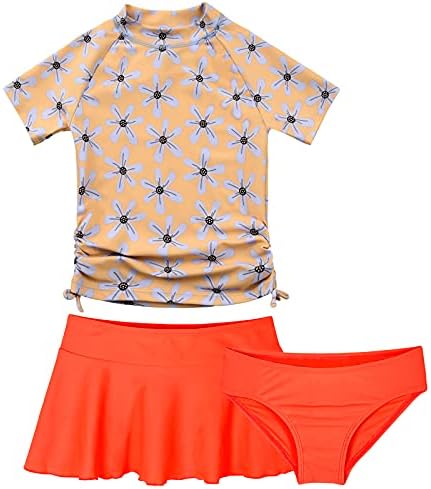Cadocado Toddler Girls Swim Skirt 3 Pieces Swimsuit Cover Ups for Swimwear with Orange Skirt UPF 50+, Blue Floral, 3 Years