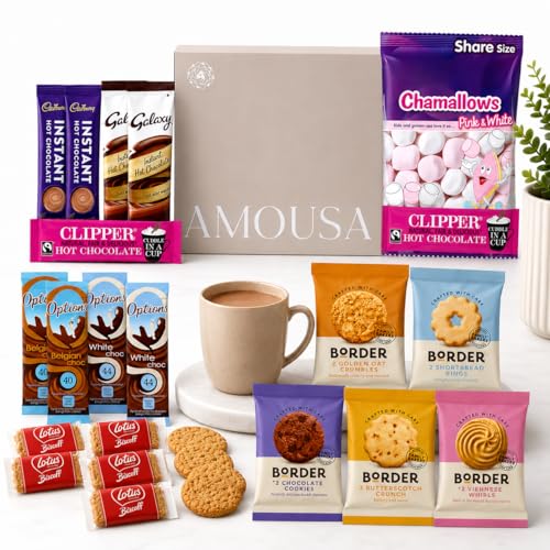 Hot Chocolate Gift Set - This Hot Chocolate Hamper includes 10x Mixed Sachets 1x pack of Marshmallows 5x Biscoff Biscuits & 5x 2pk Border Biscuits. Gift Set for Women Men & Children.