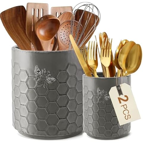 Consevisen Utensil Holder, 6.9” + 5” Kitchen Utensil Holder for Countertop, Large Ceramic Cooking Utensil Crock for Kitchen Counter, Vintage Farmhouse Utensil Organizer, Kitchen Decor and Accessories Cover