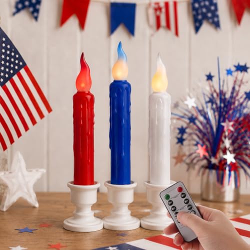 Image of Real Wax LED Flameless Short Taper Candles with Remote, 6.7 Inches 4th of July Patriotic Candlesticks Dripless Battery Operated Flame for Independence Day Home Decor, 3 Pcs