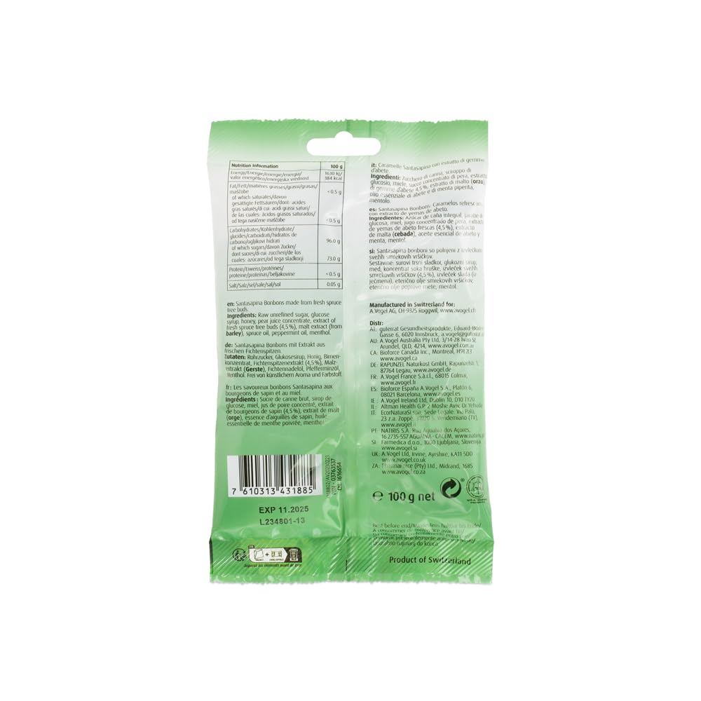 A.Vogel Santasapina Bonbons Caramelos con Extracto de Yemas de Abeto para la Garganta, Miel Pura y Jugo de Pera, 100 Gramos