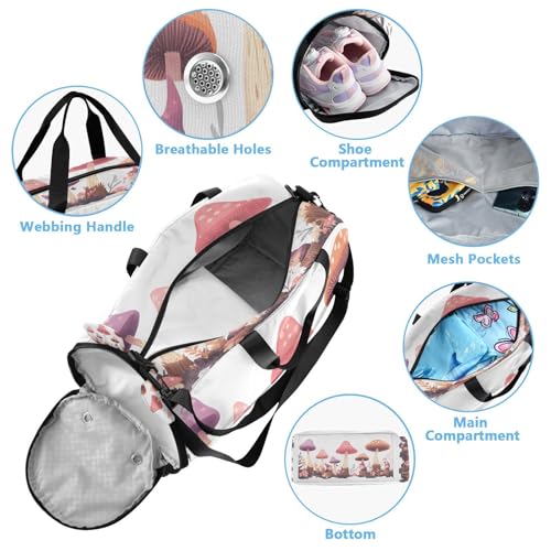 YETTASBIN Sport Travel Duffel Bag for Girls Boys, Mushroom Gnome Large Waterproof Weekender Overnight Bag, Detachable Shoulder Strap Gym Bag with Shoe Compartment & Wet Pocket4