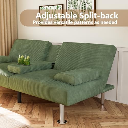 Flamaker Futon Sofa Bed Corduroy Folding Couch Adjustable Sleeper Sofa Bed for Small Apartment Upholstered Living Room Furniture Set with 2 Cup Holders Removable Armrests (Green) 8 51wBQQFm3AL. AC