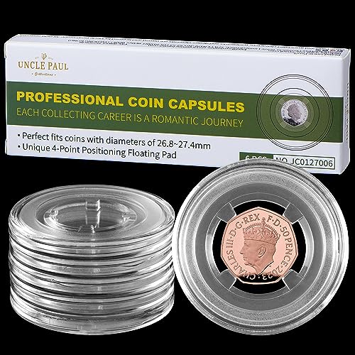 6 PCS Coin Capsules with 27.0mm Floating Gaskets - Clear Professional Coin Collecting Storage Holder Fixing Pads for Pence Cents Collection Supplies JC0127006