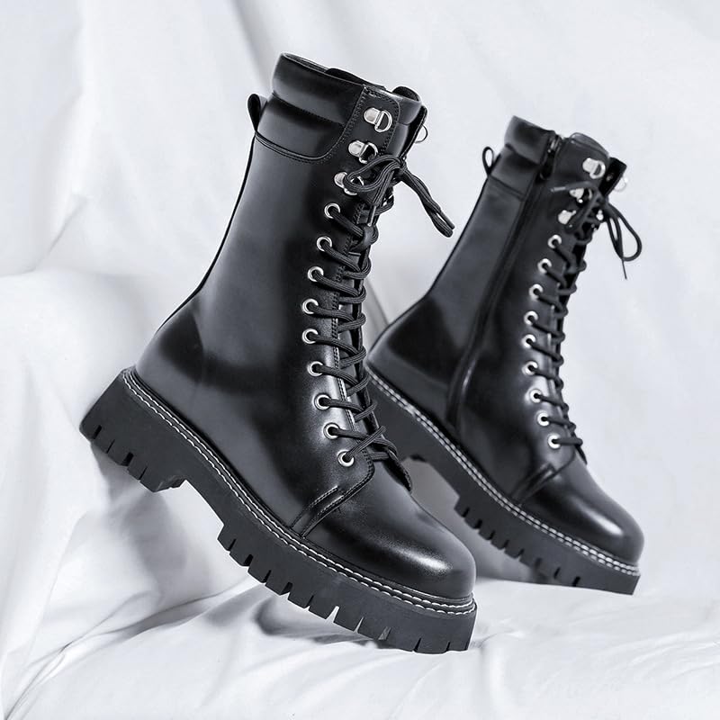 British style high motorcycle boots for men luxury fashion natural leather shoes lace-up platform boot handsome long botas male (Black, 7.5)