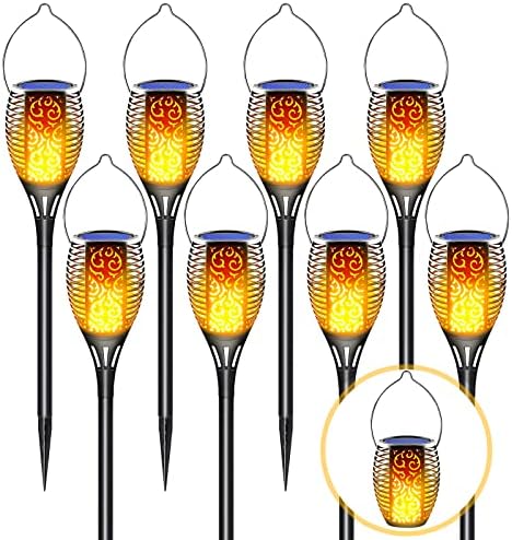 LazyBuddy Solar Lights Outdoor Waterproof, Large Solar Torch Light with Flickering Flame, 3 in 1 Fire Effect Hanging Lanterns Solar Tiki Torches for Garden, Pathway, Landscape Decorations (8 Pack)