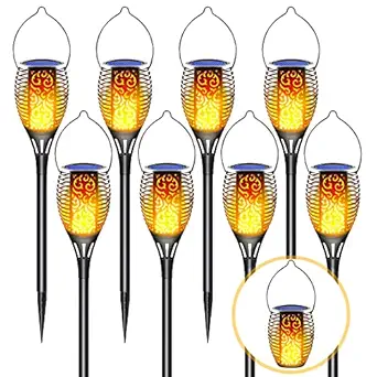 LazyBuddy Solar Torch Light with Flickering Flame, 8 Pack Solar Fire Lights Outdoor, 3 in 1 Detachable Hook Landscape Decor Lighting Hanging Lantern for Garden Pathway Lawn, Auto On/Off Dusk to Dawn