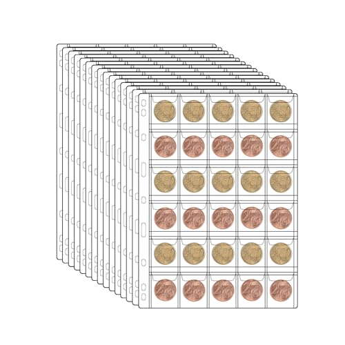 30-Pocket Coin Collection Pages, Coin Collection Supplies Standard 9-Hole Binder Compatible Coin Binder 3.5x3.5cm Pocket Size Coin and Stamp Collecting Supplies (30Pocket,3.5x3.5cm,15 Sheet)