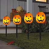 Set of 4 Halloween Pathway Markers Lights, 14.2 Inch High Battery Operated Plastic Jack-O-Lantern Shaped Pumpkin Lawn Garden Stakes Clear Lights for Trick or Treat Party Outdoor Halloween Decor