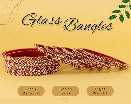 Image of NMII Glass Golden Beads & Pearls Moti Work Designer Bangles Set For Women & Girls | Kanch ki Chudi Set | Girl's Bangles Bracelet | Glass Bangles | Daily, Wedding, Party, Fashion Jewellery- Set of 12