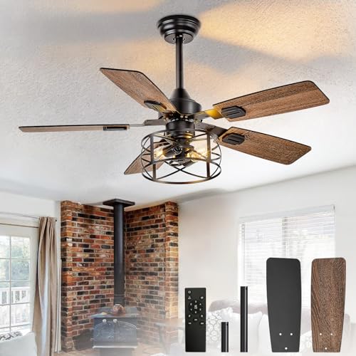Depuley 42-Inch Ceiling Fans With Lights: Caged Ceiling Fans Dual Finish 5 Blades - Rustic Ceiling Fan With Remote Control For Farmhouse Living Room Outdoor Porch Noiseless (Black Walnut)