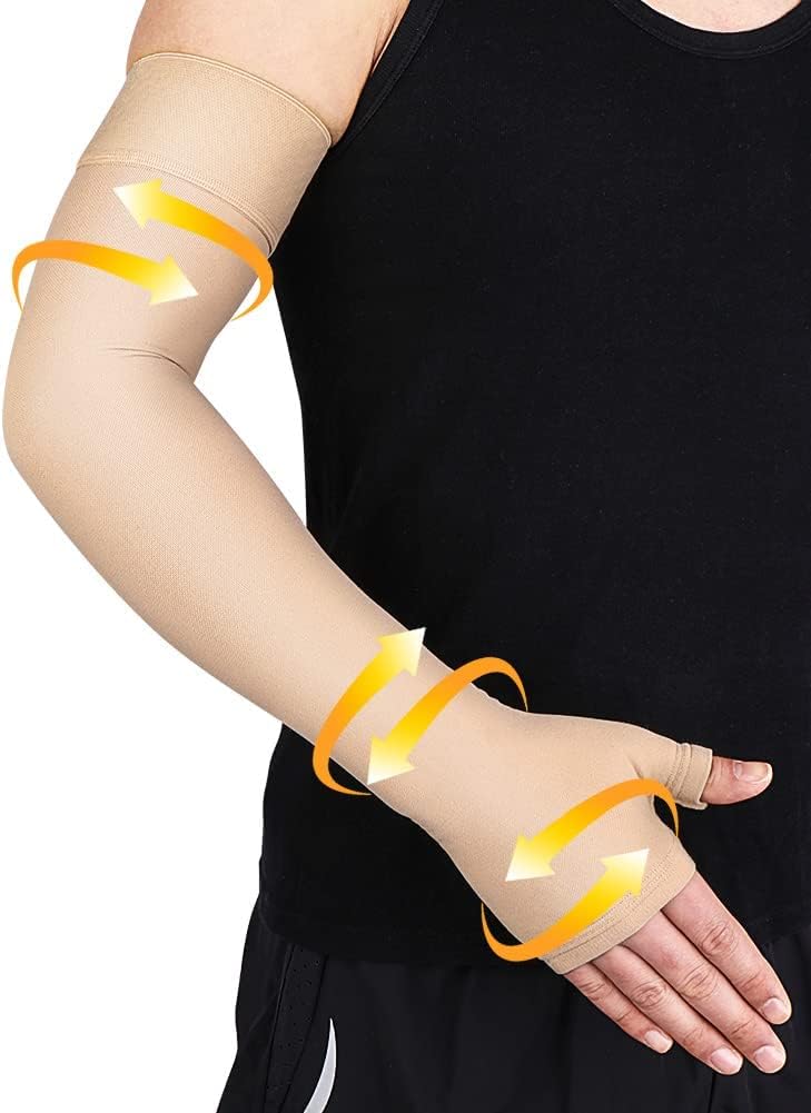 Lymphedema Medical Compression Arm Sleeve with Gauntlet for Men & Women (Single), 20-30 mmHg Full Arm Support with Dot Silicone Band, Graduated Compression Arm Brace for Swelling, Arthritis