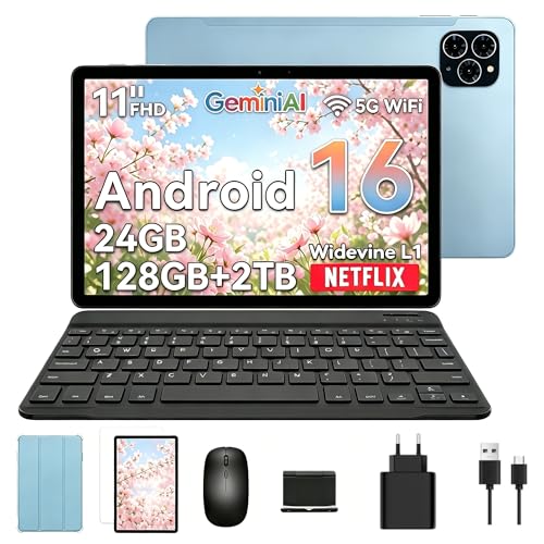 TABWEE T90 11 Zoll Tablet mit Tastatur und Stift Android 16 mit Gemini AI 3.0 24GB RAM+128GB ROM (TF 2TB) 8000mAh Akku Widevine L1 13MP Kamera 5G WiFi PC-Tablet für Schule Studium & Arbeit-Blau