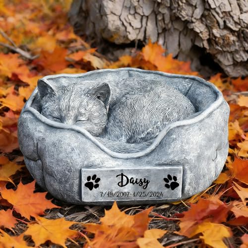 BRYNHILDSANS Cat Memorial Stones Grave Markers Engraved with Name Personalized Pet Headstones for Cat Loss Memorial Gifts Remembrance Gifts Outdoors Sleeping Kitty on the Pillow