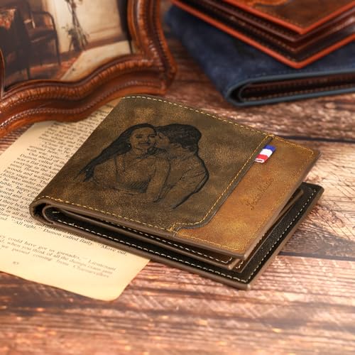 Custom Wallets for Men Personalized Leather Wallet with Picture Name Alphabet for Dad Husband Slim Billfold Engraved Wallet for Fathers Day Christmas (Khaki)4