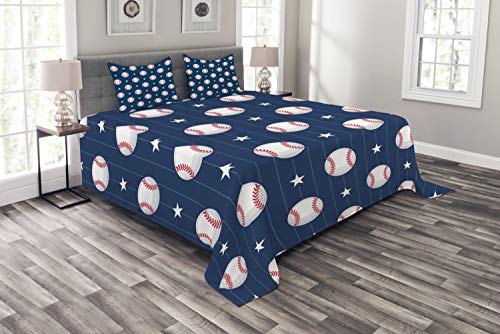 Ambesonne Sports Bedspread, Baseball Patterns on Vertical Striped Background Stars Design, Decorative Quilted 3 Piece Coverlet Set with 2 Pillow Shams, Queen Size, Blue Red