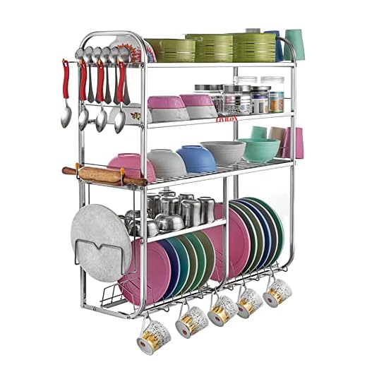 L LIVILON Wall Mount Kitchen 5 Shelf Utensils Dish Rack | Stainless Steel Utensil Rack/Stand | Dish Stand/Holder | Kitchen Organizer | Utensils Spoon Plate & Cutlery Stand (31x30x10 Inches)